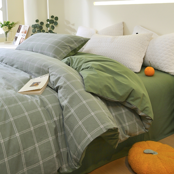 春皖家纺 2026新款色织AB版水洗棉三件套四件套单品系列（单被套风格一） 素雅-韵绿