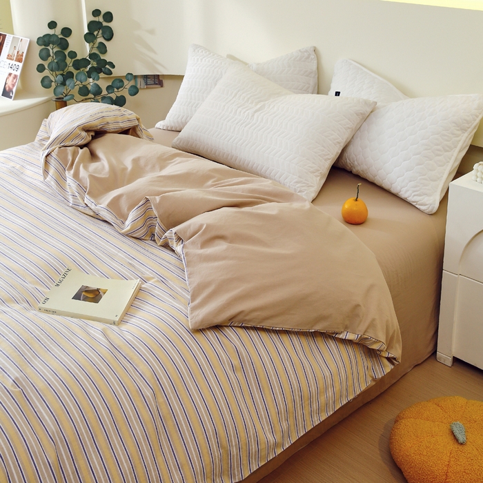 春皖家纺 2026新款色织AB版水洗棉三件套四件套单品系列（单被套风格一） 素雅-杏黄纹
