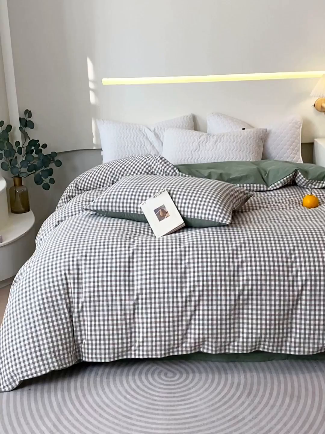 91家纺网 家纺一手货源 找家纺 春皖家纺 2026新款色织AB版水洗棉三件套四件套单品系列（单被套风格一） 素雅-绿格