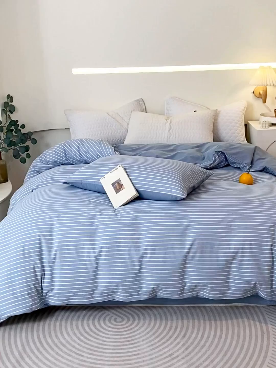 91家纺网 家纺一手货源 找家纺 春皖家纺 2026新款色织AB版水洗棉三件套四件套单品系列（单被套风格一） 素雅-蓝条