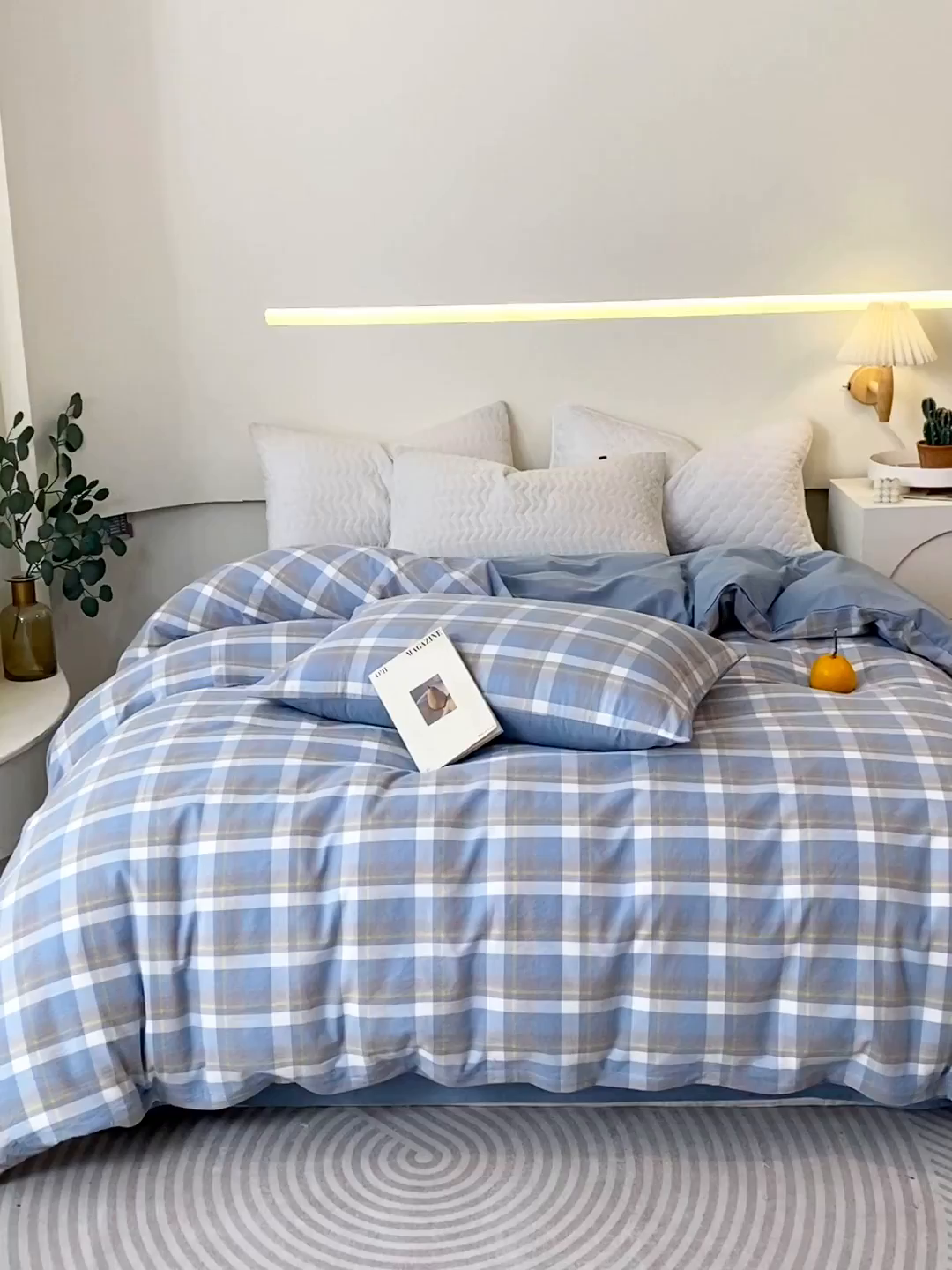 91家纺网 家纺一手货源 找家纺 春皖家纺 2026新款色织AB版水洗棉三件套四件套单品系列（单被套风格一） 素雅-蓝格