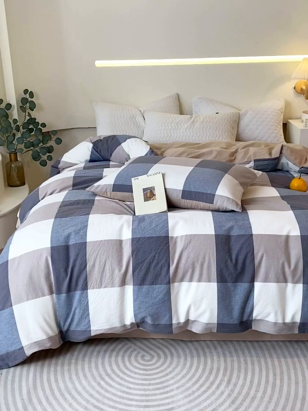 91家纺网 家纺一手货源 找家纺 春皖家纺 2026新款色织AB版水洗棉三件套四件套单品系列（单被套风格一） 素雅-蓝大格