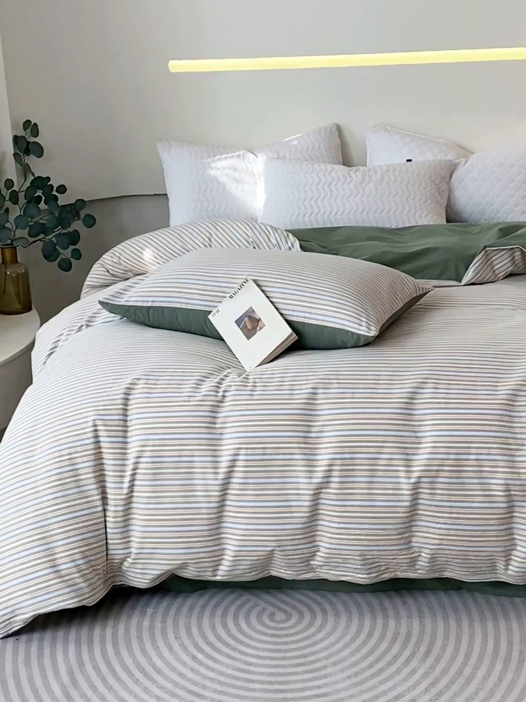 91家纺网 家纺一手货源 找家纺 春皖家纺 2026新款色织AB版水洗棉三件套四件套单品系列（单被套风格一） 素雅-绿条