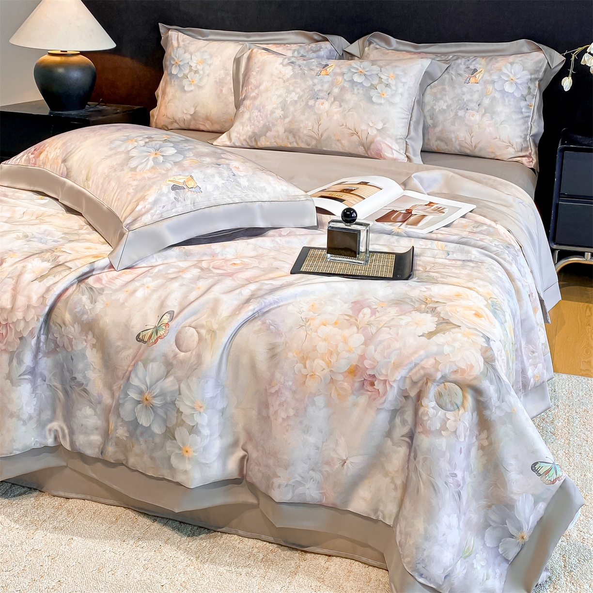 91家纺网 家纺一手货源 找家纺 笙意家纺 2026A类水洗冰丝数码印花宽边夏被四件套馥韵