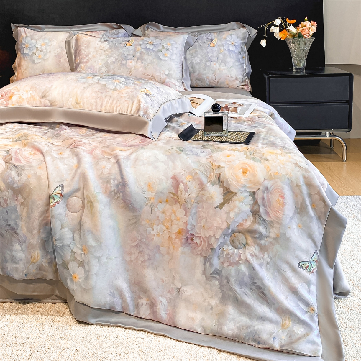 91家纺网 家纺一手货源 找家纺 笙意家纺 2026A类水洗冰丝数码印花宽边夏被四件套馥韵