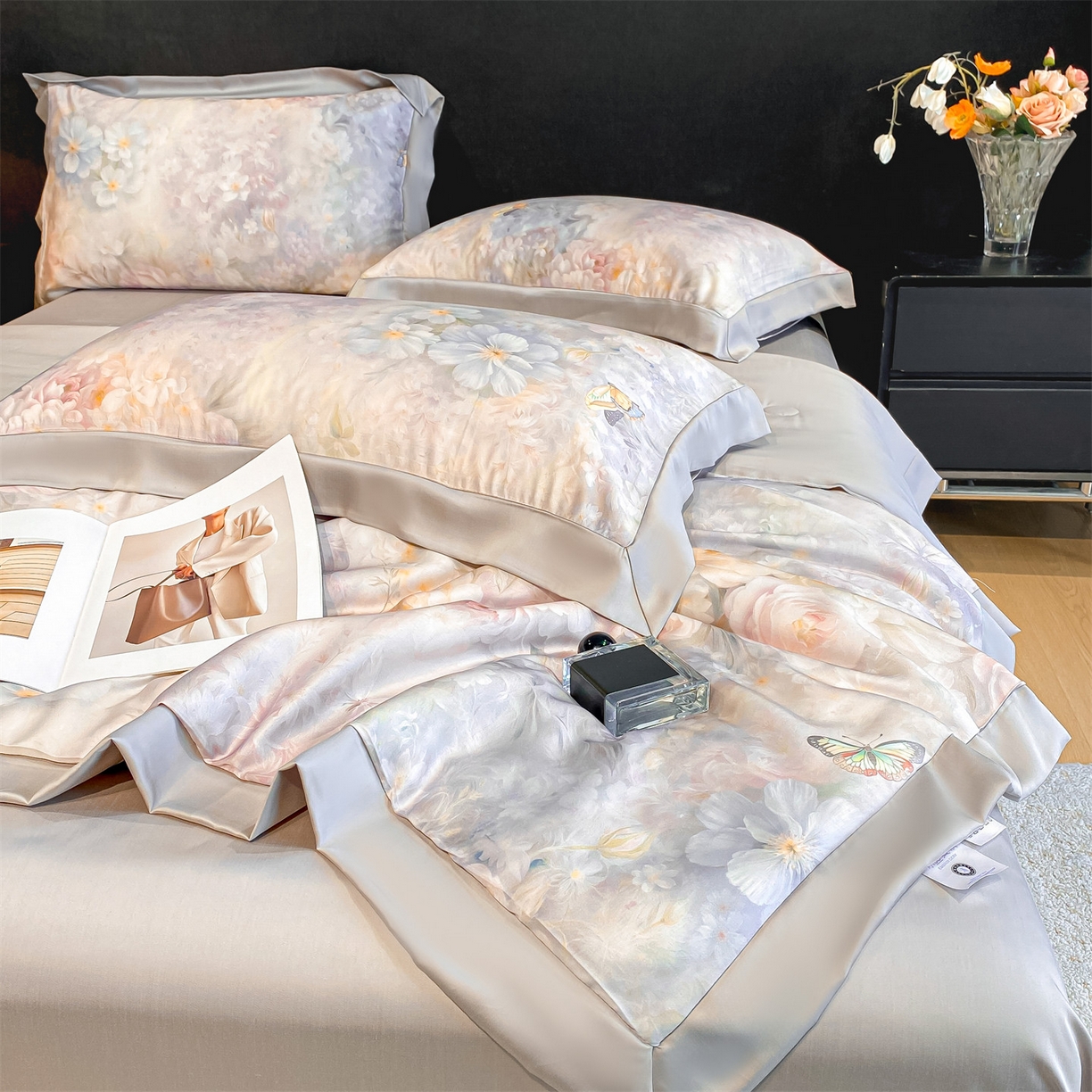 91家纺网 家纺一手货源 找家纺 笙意家纺 2026A类水洗冰丝数码印花宽边夏被四件套馥韵