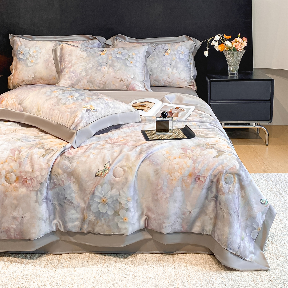 91家纺网 家纺一手货源 找家纺 笙意家纺 2026A类水洗冰丝数码印花宽边夏被四件套馥韵