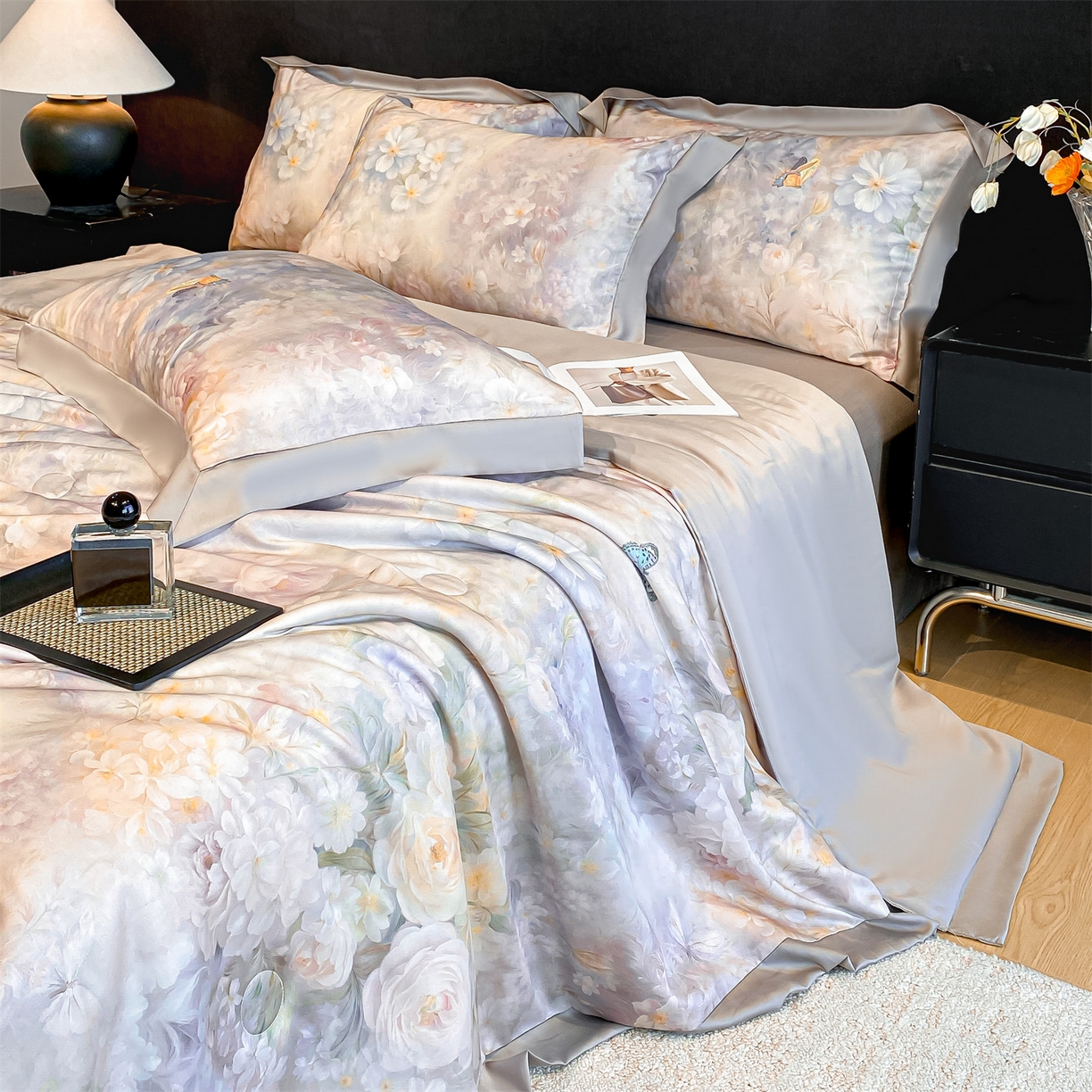 91家纺网 家纺一手货源 找家纺 笙意家纺 2026A类水洗冰丝数码印花宽边夏被四件套馥韵