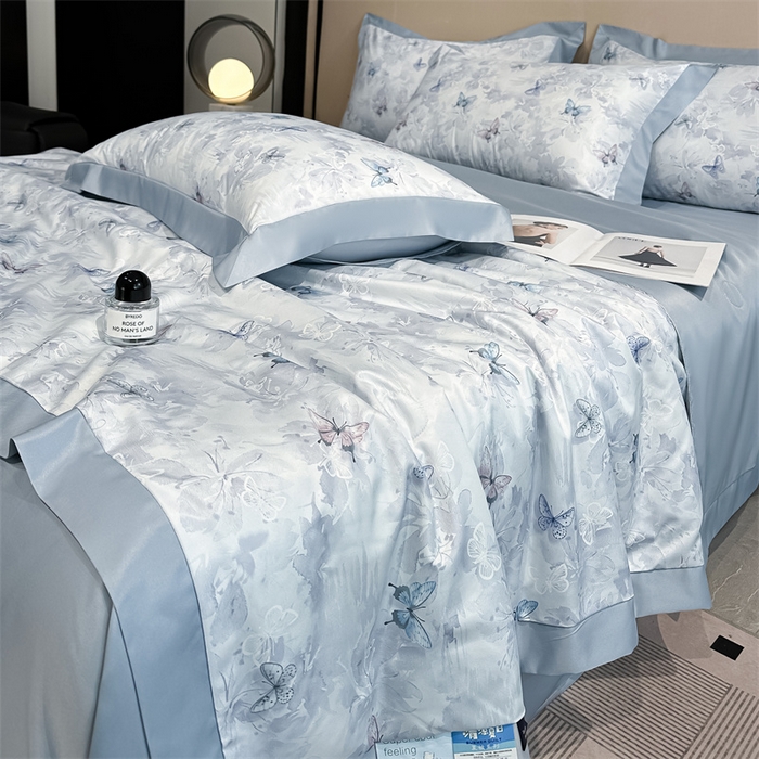 91家纺网 家纺一手货源 找家纺 笙意家纺 2026A类水洗冰丝数码印花宽边夏被四件套古韵蝶音