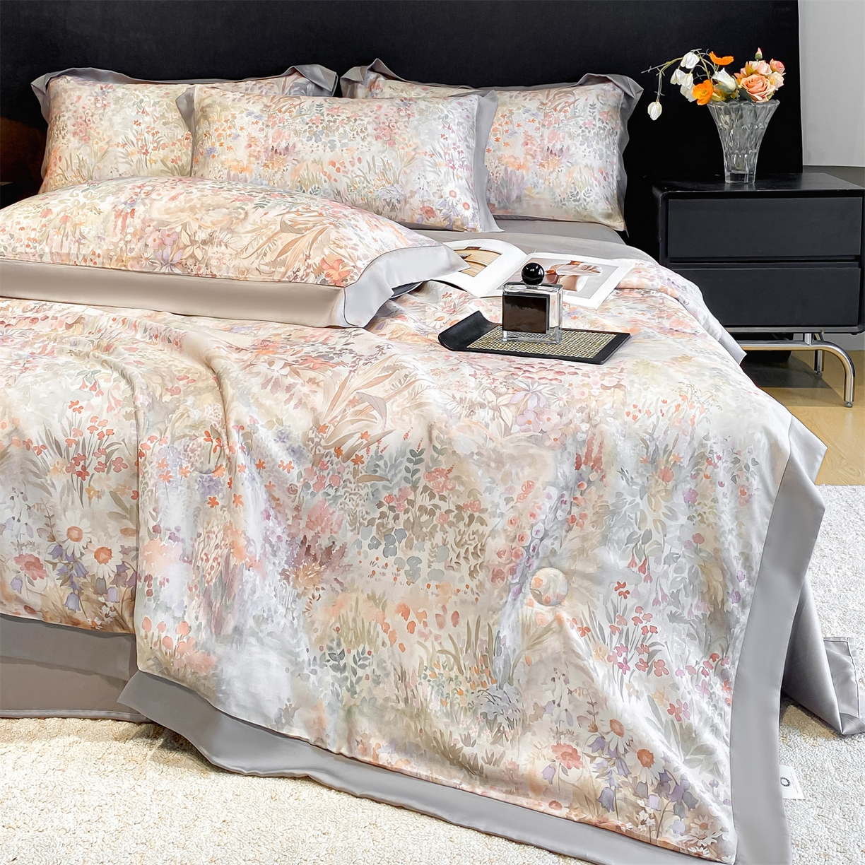 91家纺网 家纺一手货源 找家纺 笙意家纺 2026A类水洗冰丝数码印花宽边夏被四件套静娴