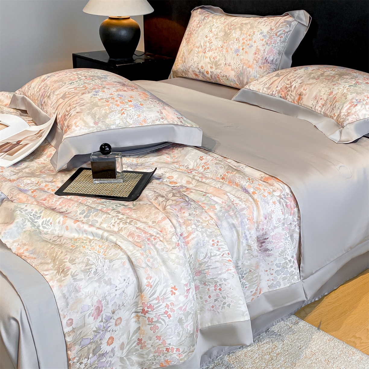 91家纺网 家纺一手货源 找家纺 笙意家纺 2026A类水洗冰丝数码印花宽边夏被四件套静娴