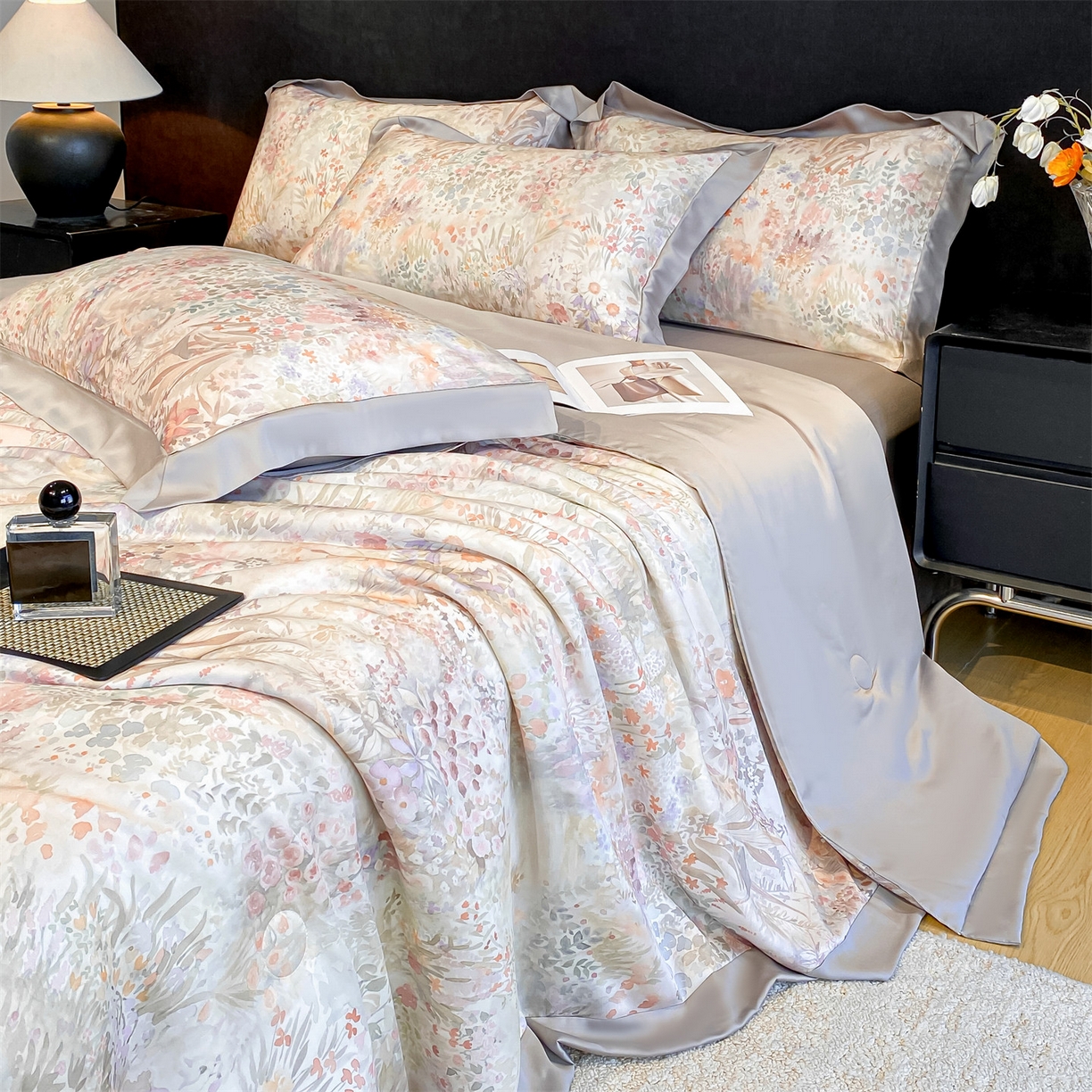 91家纺网 家纺一手货源 找家纺 笙意家纺 2026A类水洗冰丝数码印花宽边夏被四件套静娴