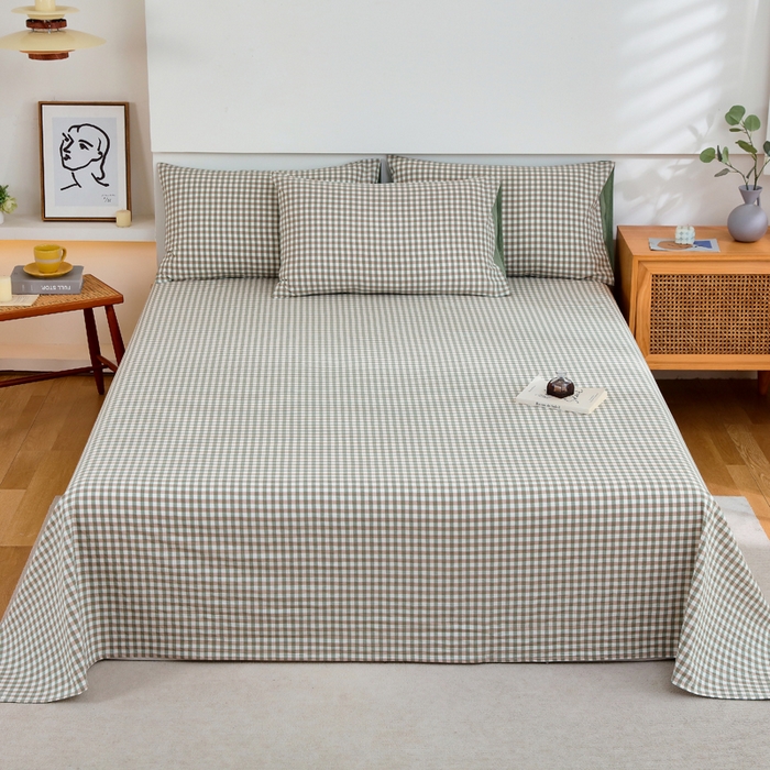 91家纺网 家纺一手货源 找家纺 春皖家纺 2026新款色织AB版水洗棉三件套四件套单品系列（单床单-A版风格一） 素雅-绿格