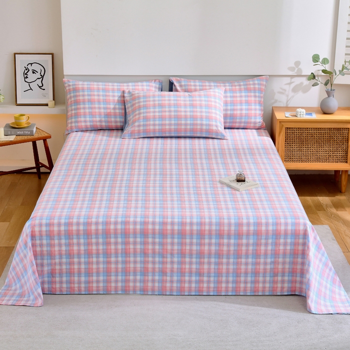 91家纺网 家纺一手货源 找家纺 春皖家纺 2026新款色织AB版水洗棉三件套四件套单品系列（单床单-A版风格一） 翠竹-桔格