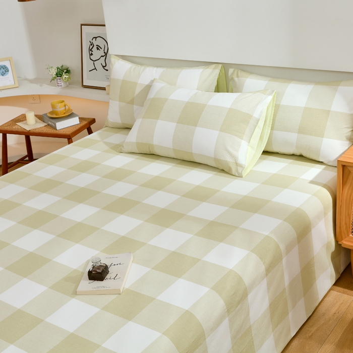 91家纺网 家纺一手货源 找家纺 春皖家纺 2026新款色织AB版水洗棉三件套四件套单品系列（单床单-A版风格一） 素雅-芳绿