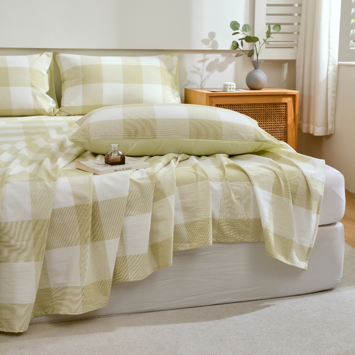 91家纺网 家纺一手货源 找家纺 春皖家纺 2026新款色织AB版水洗棉三件套四件套单品系列（单床单-A版风格一） 素雅-芳绿