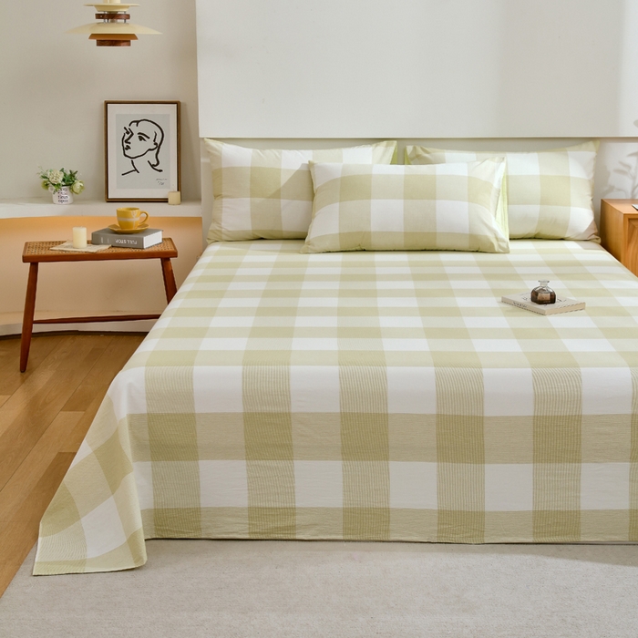 91家纺网 家纺一手货源 找家纺 春皖家纺 2026新款色织AB版水洗棉三件套四件套单品系列（单床单-A版风格一） 素雅-芳绿