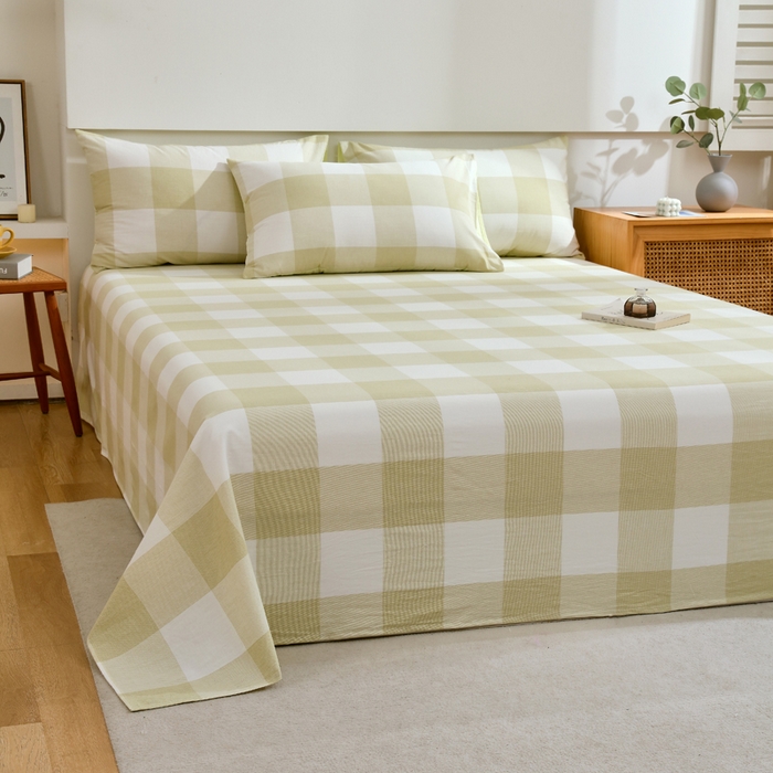 91家纺网 家纺一手货源 找家纺 春皖家纺 2026新款色织AB版水洗棉三件套四件套单品系列（单床单-A版风格一） 素雅-芳绿