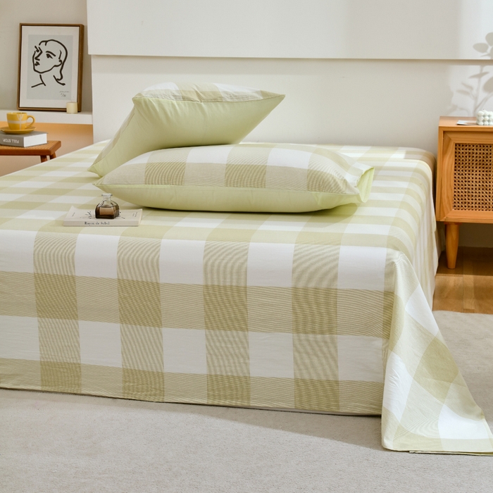 91家纺网 家纺一手货源 找家纺 春皖家纺 2026新款色织AB版水洗棉三件套四件套单品系列（单床单-A版风格一） 素雅-芳绿