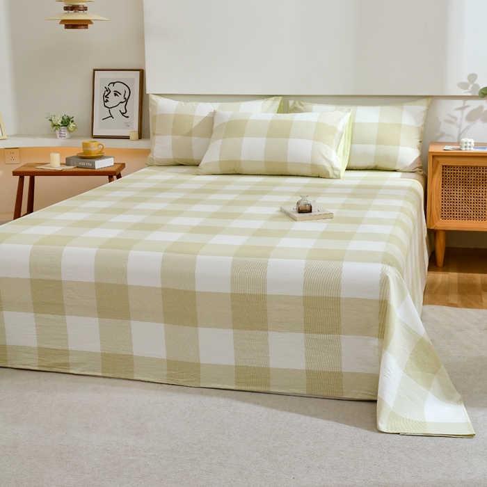 91家纺网 家纺一手货源 找家纺 春皖家纺 2026新款色织AB版水洗棉三件套四件套单品系列（单床单-A版风格一） 素雅-芳绿