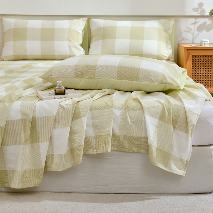 91家纺网 家纺一手货源 找家纺 春皖家纺 2026新款色织AB版水洗棉三件套四件套单品系列（单床单-A版风格一） 素雅-芳绿