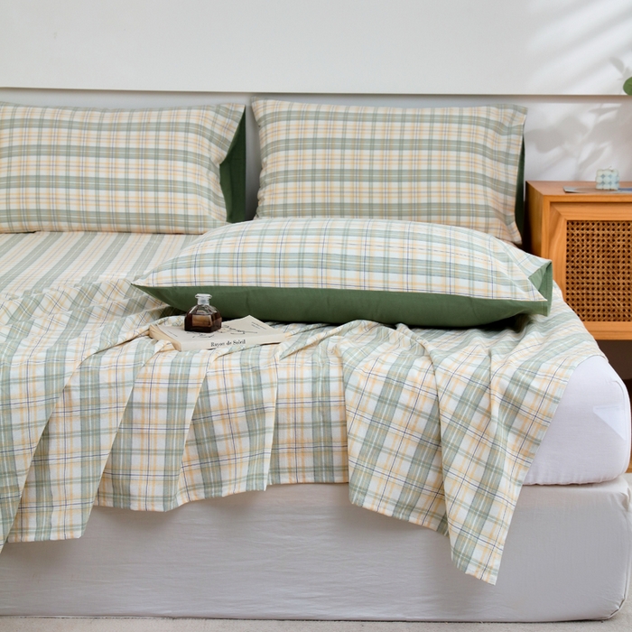 91家纺网 家纺一手货源 找家纺 春皖家纺 2026新款色织AB版水洗棉三件套四件套单品系列（单床单-A版风格一） 翠竹-果条