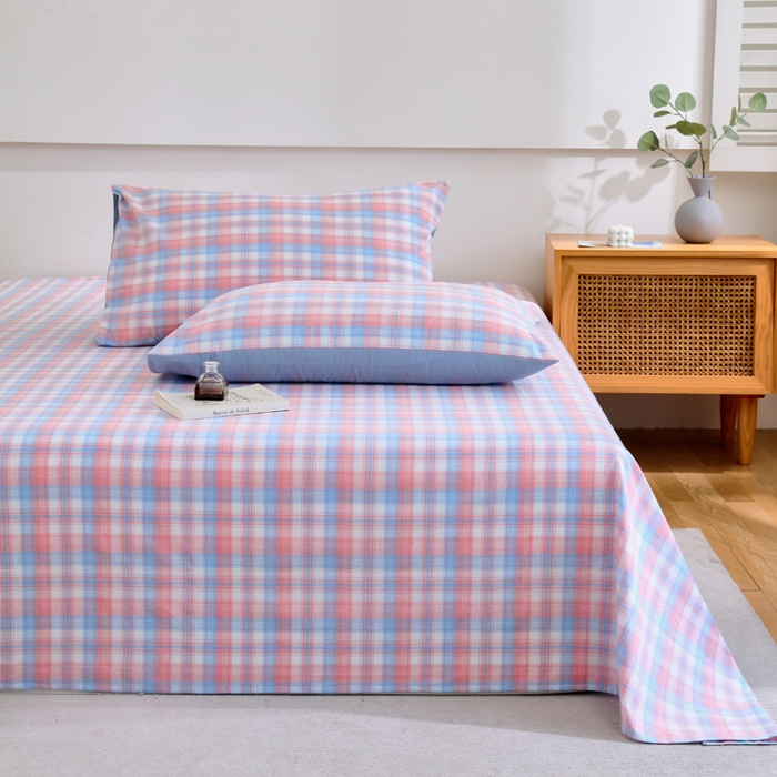 91家纺网 家纺一手货源 找家纺 春皖家纺 2026新款色织AB版水洗棉三件套四件套单品系列（单床单-A版风格一） 翠竹-桔格