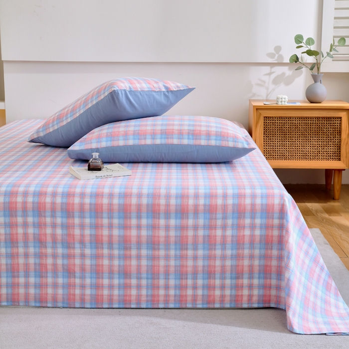 91家纺网 家纺一手货源 找家纺 春皖家纺 2026新款色织AB版水洗棉三件套四件套单品系列（单床单-A版风格一） 翠竹-桔格