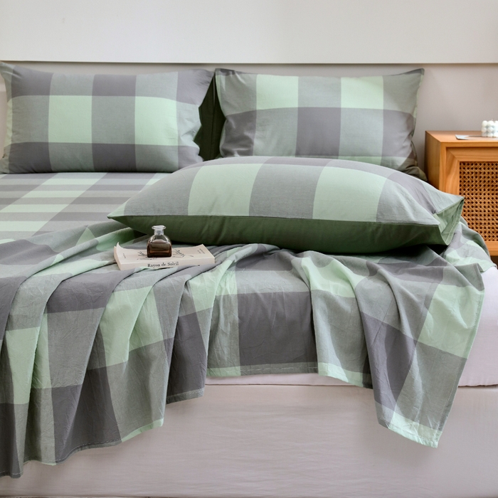 91家纺网 家纺一手货源 找家纺 春皖家纺 2026新款色织AB版水洗棉三件套四件套单品系列（单床单-A版风格一） 素雅-清格