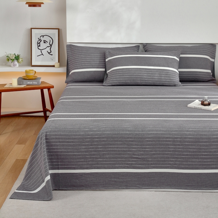 91家纺网 家纺一手货源 找家纺 春皖家纺 2026新款色织AB版水洗棉三件套四件套单品系列（单床单-A版风格一） 素雅-灰条