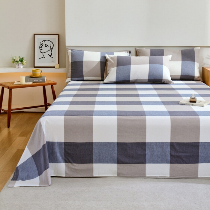 91家纺网 家纺一手货源 找家纺 春皖家纺 2026新款色织AB版水洗棉三件套四件套单品系列（单床单-A版风格一） 素雅-蓝大格