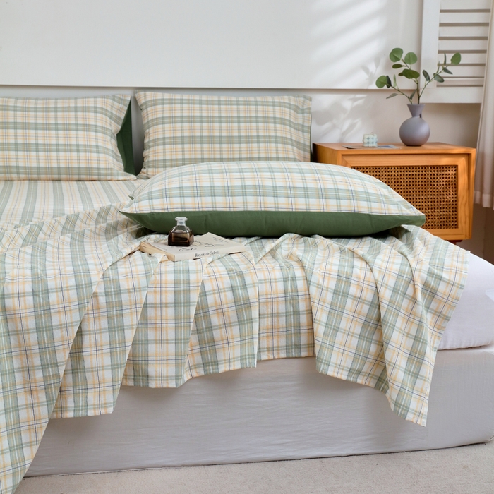 91家纺网 家纺一手货源 找家纺 春皖家纺 2026新款色织AB版水洗棉三件套四件套单品系列（单床单-A版风格一） 翠竹-果条