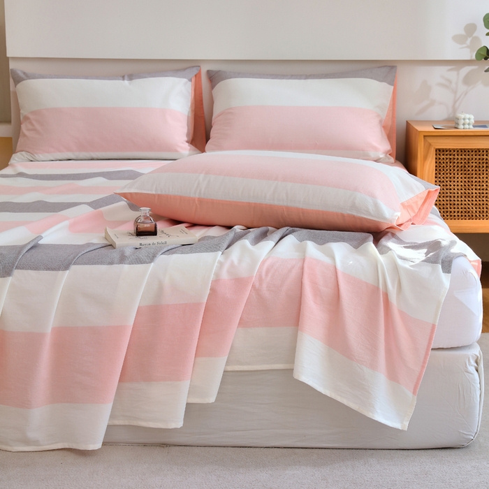 91家纺网 家纺一手货源 找家纺 春皖家纺 2026新款色织AB版水洗棉三件套四件套单品系列（单床单-A版风格一） 素雅-灰白条