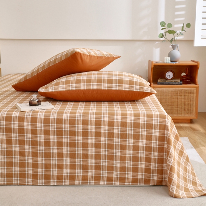 91家纺网 家纺一手货源 找家纺 春皖家纺 2026新款色织AB版水洗棉三件套四件套单品系列（单床单-A版风格一） 素雅-黄格