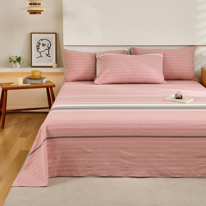 91家纺网 家纺一手货源 找家纺 春皖家纺 2026新款色织AB版水洗棉三件套四件套单品系列（单床单-A版风格一） 素雅-蔻粉