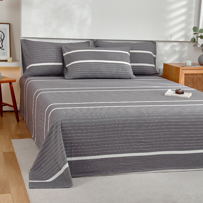 91家纺网 家纺一手货源 找家纺 春皖家纺 2026新款色织AB版水洗棉三件套四件套单品系列（单床单-A版风格一） 素雅-灰条