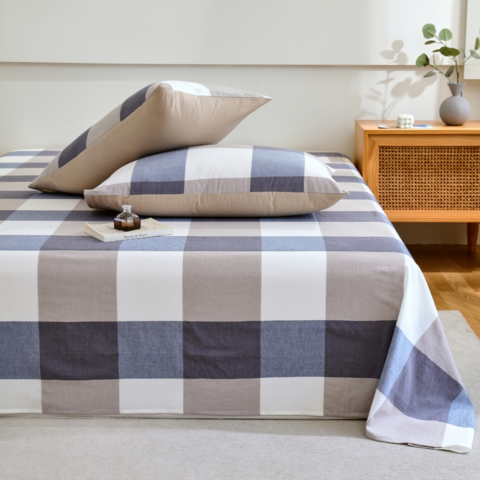 91家纺网 家纺一手货源 找家纺 春皖家纺 2026新款色织AB版水洗棉三件套四件套单品系列（单床单-A版风格一） 素雅-蓝大格