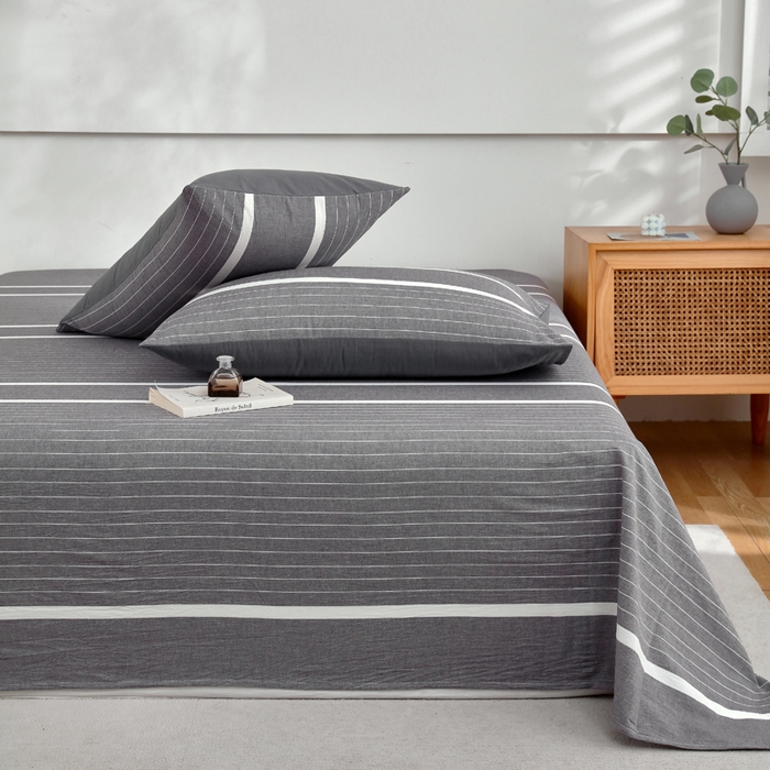 91家纺网 家纺一手货源 找家纺 春皖家纺 2026新款色织AB版水洗棉三件套四件套单品系列（单床单-A版风格一） 素雅-灰条