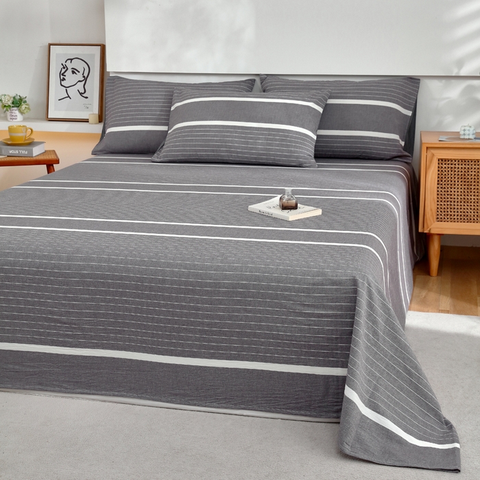 91家纺网 家纺一手货源 找家纺 春皖家纺 2026新款色织AB版水洗棉三件套四件套单品系列（单床单-A版风格一） 素雅-灰条