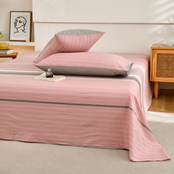 91家纺网 家纺一手货源 找家纺 春皖家纺 2026新款色织AB版水洗棉三件套四件套单品系列（单床单-A版风格一） 素雅-蔻粉