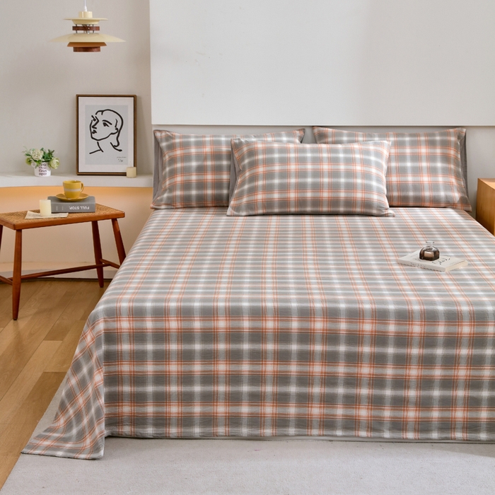 91家纺网 家纺一手货源 找家纺 春皖家纺 2026新款色织AB版水洗棉三件套四件套单品系列（单床单-A版风格一） 栗木-咖格