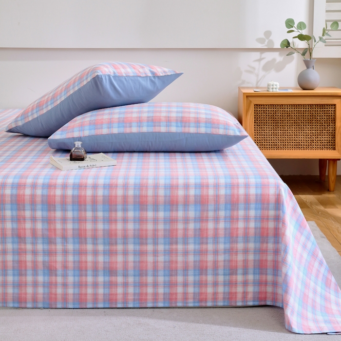 91家纺网 家纺一手货源 找家纺 春皖家纺 2026新款色织AB版水洗棉三件套四件套单品系列（单床单-A版风格一） 翠竹-桔格