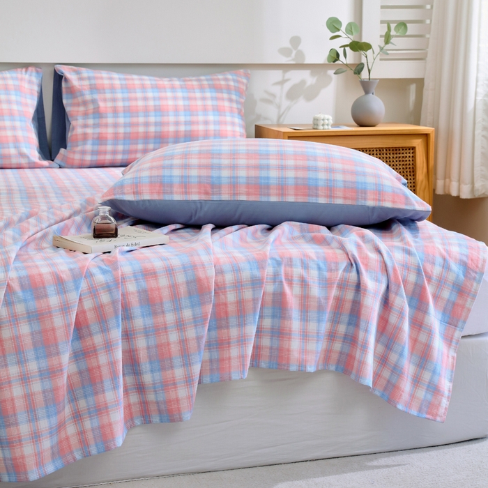 91家纺网 家纺一手货源 找家纺 春皖家纺 2026新款色织AB版水洗棉三件套四件套单品系列（单床单-A版风格一） 翠竹-桔格