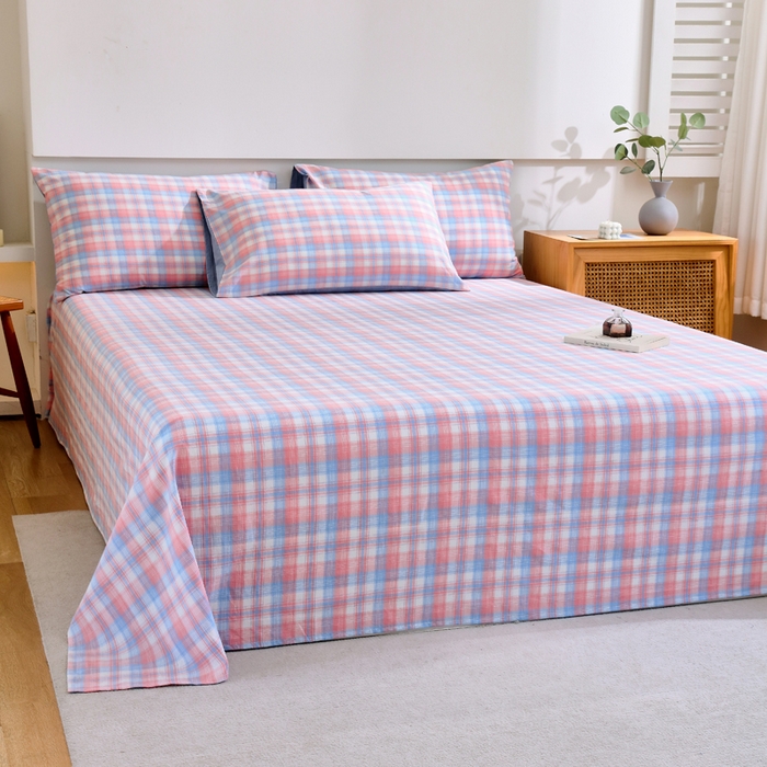 91家纺网 家纺一手货源 找家纺 春皖家纺 2026新款色织AB版水洗棉三件套四件套单品系列（单床单-A版风格一） 翠竹-桔格