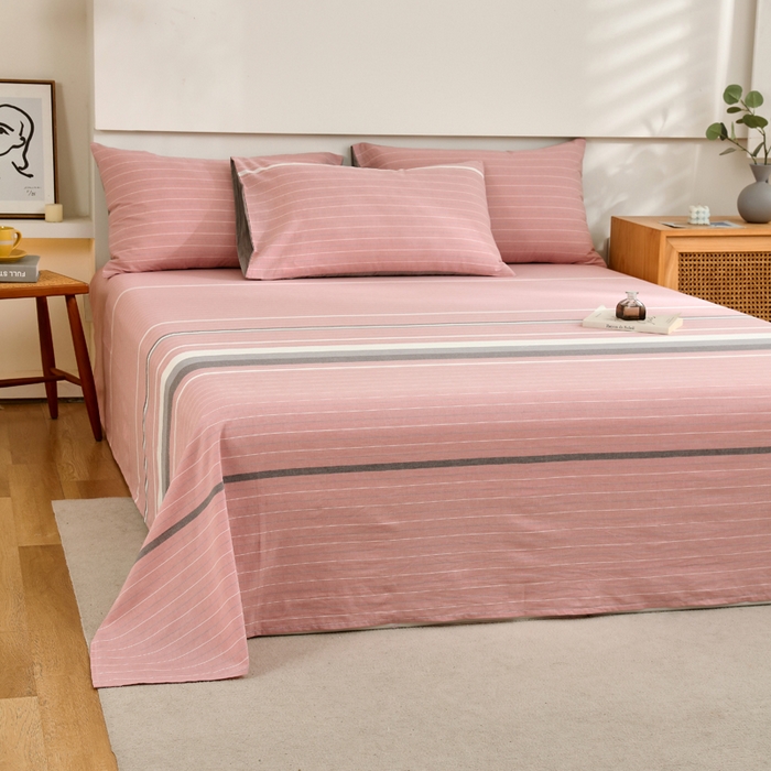 91家纺网 家纺一手货源 找家纺 春皖家纺 2026新款色织AB版水洗棉三件套四件套单品系列（单床单-A版风格一） 素雅-蔻粉