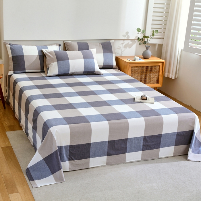 91家纺网 家纺一手货源 找家纺 春皖家纺 2026新款色织AB版水洗棉三件套四件套单品系列（单床单-A版风格一） 素雅-蓝大格