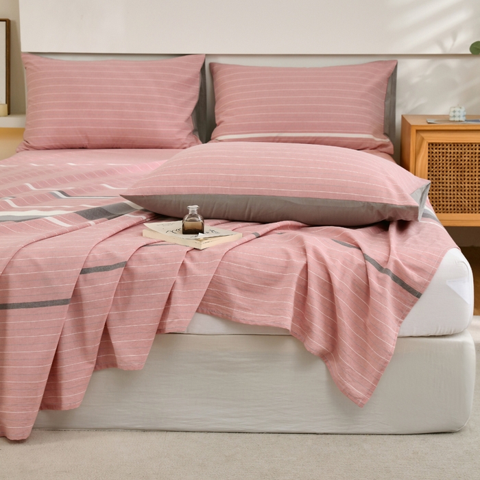 91家纺网 家纺一手货源 找家纺 春皖家纺 2026新款色织AB版水洗棉三件套四件套单品系列（单床单-A版风格一） 素雅-蔻粉