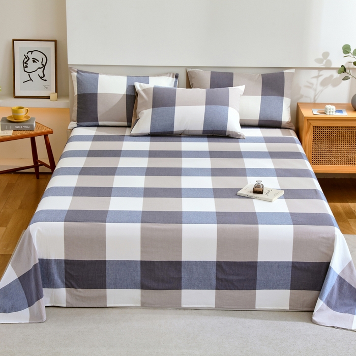 春皖家纺 2026新款色织AB版水洗棉三件套四件套单品系列（单床单-A版风格一） 素雅-蓝大格