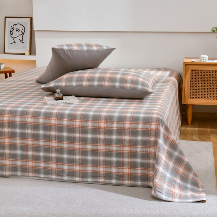 91家纺网 家纺一手货源 找家纺 春皖家纺 2026新款色织AB版水洗棉三件套四件套单品系列（单床单-A版风格一） 栗木-咖格