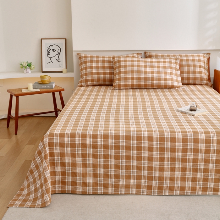 91家纺网 家纺一手货源 找家纺 春皖家纺 2026新款色织AB版水洗棉三件套四件套单品系列（单床单-A版风格一） 素雅-黄格